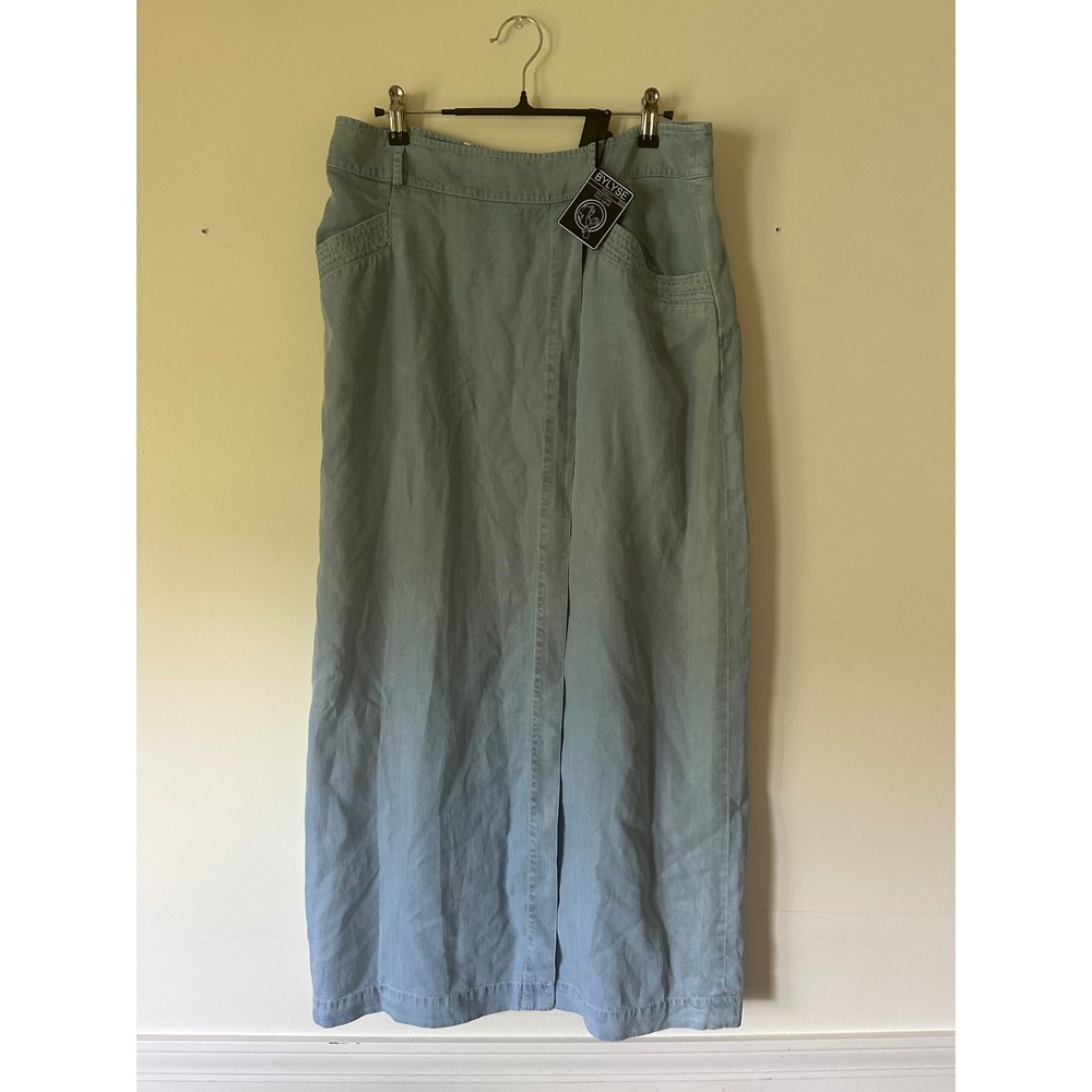 Bylyse Blue Tencel Maxi Skirt Light Wash Denim Look Front Slit Pockets Size 8